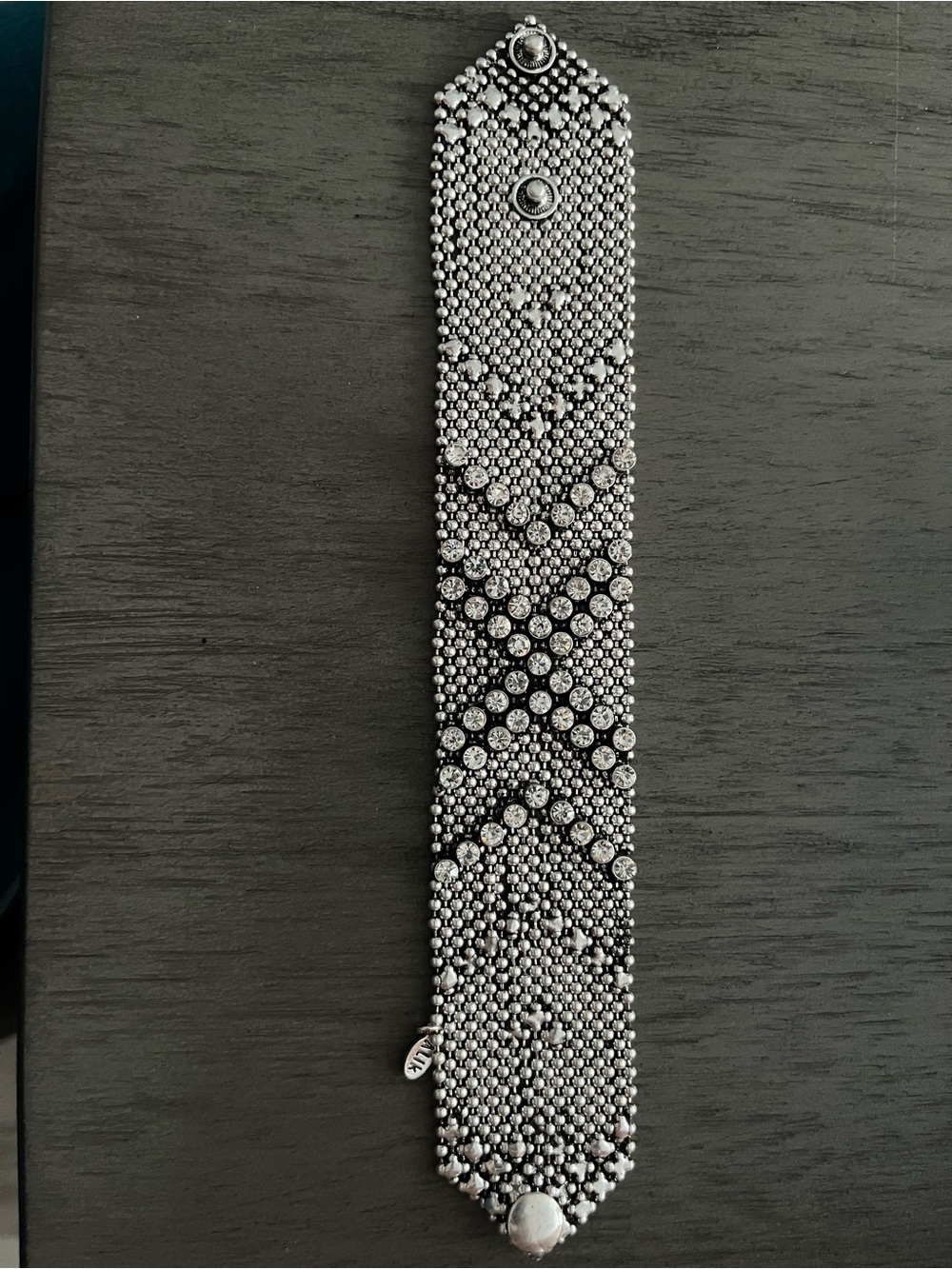 Liquid Metal Silver Crystal Beaded Wide Bracelet